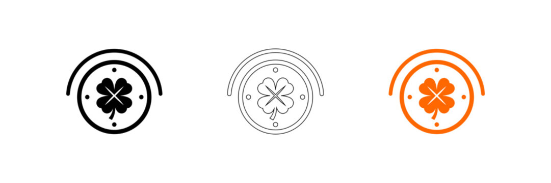 Set of three clover icons in black line art and orange featuring a four leaf clover design within a circular border