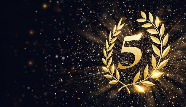 Gold 5th anniversary background 5周年記念や創立5周年の表彰に最適な金色の月桂冠の黒背景