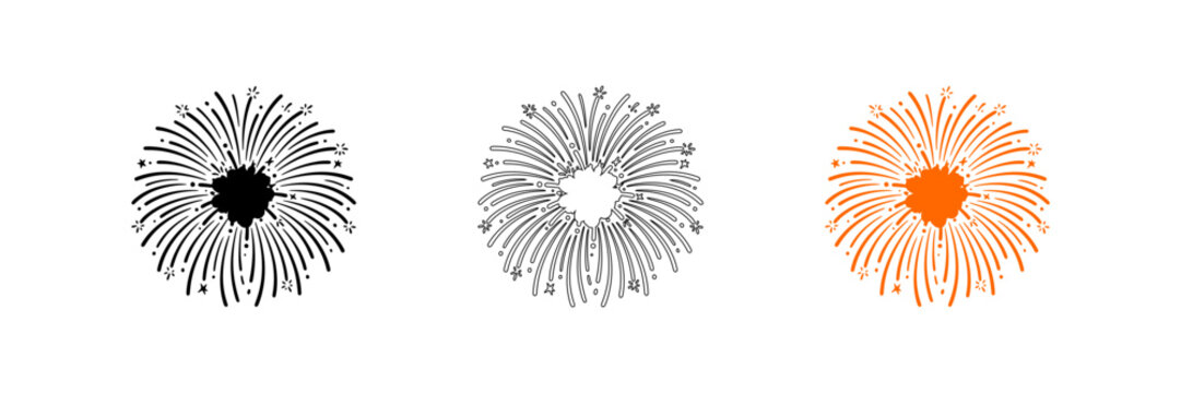 Firework explosion icons in black white and orange colors