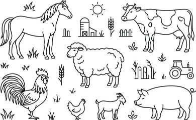 Fototapeta premium Farm animals cow horse pig and sheep doodle vector outline element set for kids coloring book pages