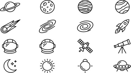 Astronomy and Outer Space Exploration Line Icon Set with Planets, Rocket Ships, Astronaut Helmets, Satellites, and UFO Flying Saucer Graphic Symbols © MdBiplob