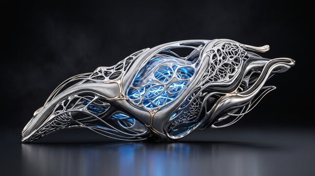 Futuristic alien artifact with glowing blue core and intricate metallic shell