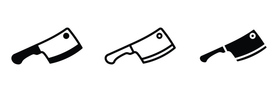 Meat cleaver icon set for butcher shop and kitchen cooking. Vector illustration of kitchen knife or ax tool for chopping meat, restaurant culinary, food preparation, and chef utensil concept.