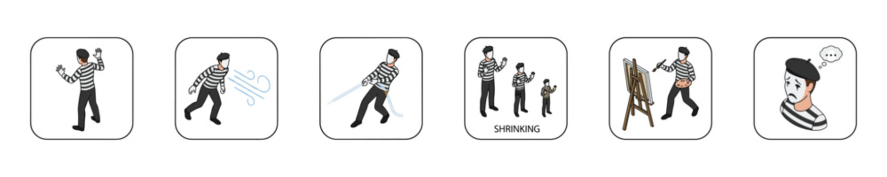 Collection of isometric mime artist icons depicting various actions and emotions