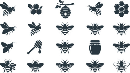 Honey Bee and Beekeeping Glyph Icon Set Featuring Honeycombs, Beehives, Honey Jars, Dippers, and Various Insect Silhouettes for Organic Product Packaging Designs © MdBiplob