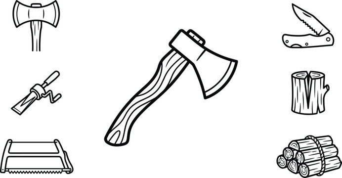 Woodwork and lumberjack tool icon set featuring hatchet double axe hand saw pocket knife firewood outline vector