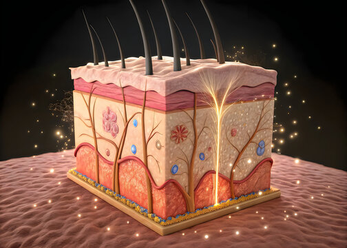 Cross-sectional view of human skin showing its various layers and structures
