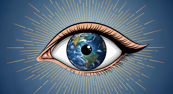 Stylized eye with Earth as iris and radiating light rays