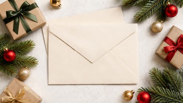Christmas envelope with gifts and ornaments. Zoom out holiday video. Festive mail flat lay.