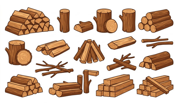 Cartoon Wooden Logs and Firewood Collection Flat Vector Illustration