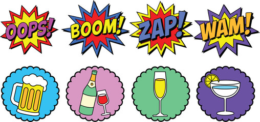 Comic book retro speech bubble pop art sound effects and alcoholic drinks badge sticker vector icon set collection © MDSabbir