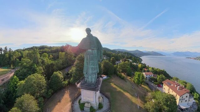 Drone View of San Carlo Borromeo Statue at Sunset in Arona, Lake Maggiore