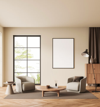 Bright interior living room with armchairs and wooden furniture in minimalist style on neutral background, concept of comfort and modern design, 3D Rendering