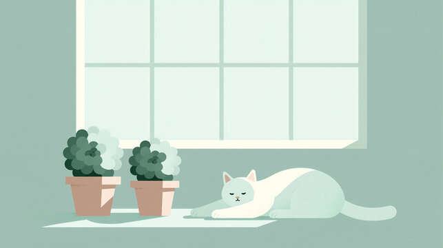 Two individuals sit on a bench facing a large white rabbit in a minimalist room