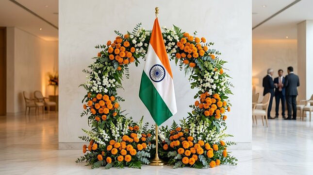Indian flag wreath decoration with orange marigold flowers and greenery