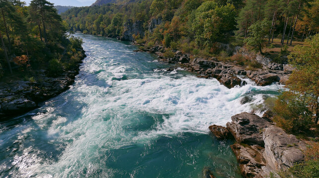 A turbulent river making a sharp turn within a canyon, aerial view.