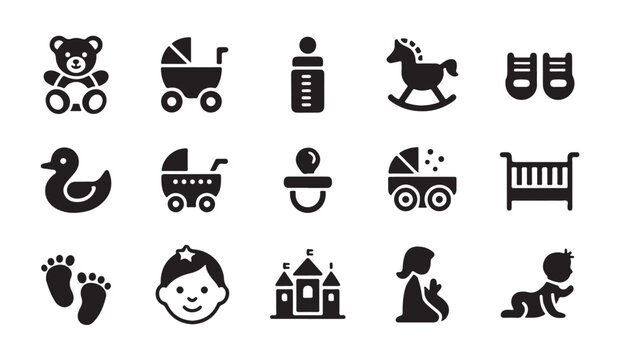 Set of baby and toy black icons with teddy bear stroller bottle and rocking horse.