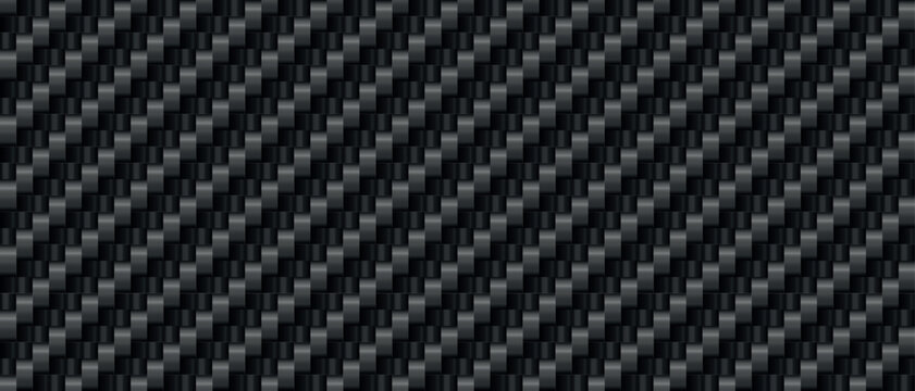 Tech vector seamless carbon fiber pattern. Abstract black woven texture with grey thread lines for modern industrial design. Lightweight car component, rubber surface and dark luxury material mockup