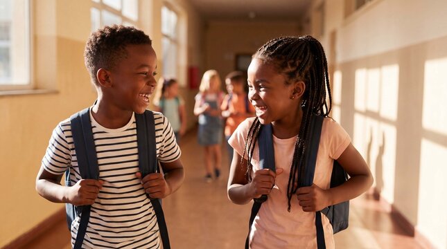 Back to school season shows two happy Black elementary students laughing while walking in a sunny hallway, perfect for education marketing banners