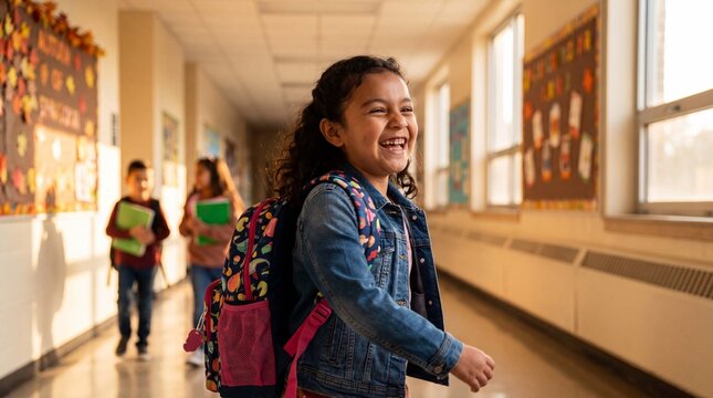 Back to school happiness shows a joyful Hispanic elementary girl spinning and laughing in a hallway for education campaign posters