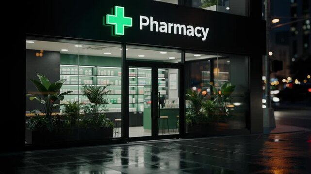 Modern pharmacy storefront at night with illuminated green cross and plants inside urban street