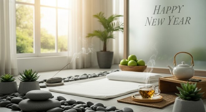 Happy New Year Wellness Spa Room Interior with Meditation Mat and Stones