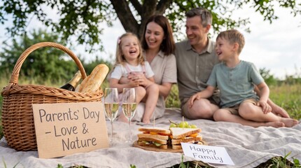 Fototapeta premium A happy Caucasian family enjoys a summer outdoor picnic party with basket and champagne for Parents Day with children in the park