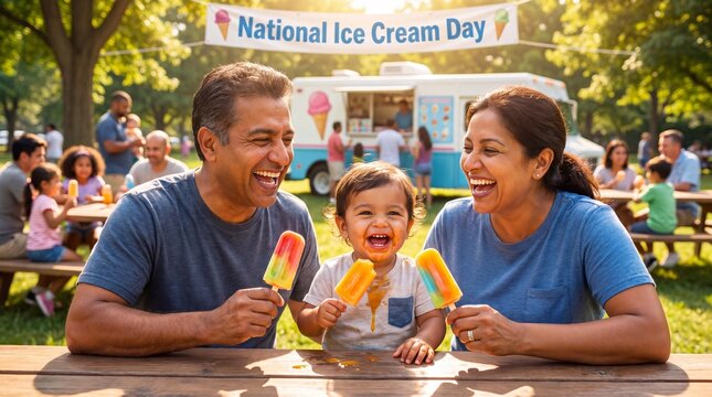 A cheerful medium-toned family celebrates Parents Day and National Ice Cream Day while their laughing toddler eats a popsicle for summer promotions