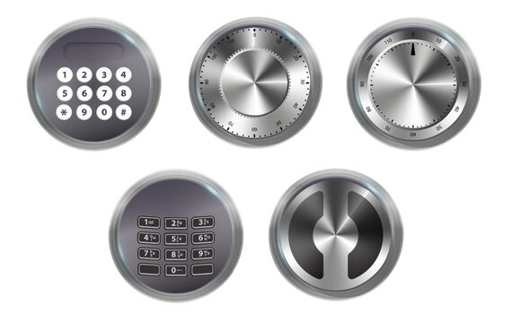 Combination Lock Padlock 3D Set Security Padlocks with Number Code Dials and Safe Strongbox Vault Locker , Isolated on Transparent Background. Vector