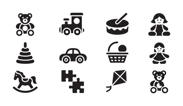 Collection of cute baby and toy icons on white background.