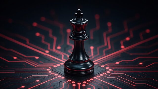 Black chess king piece standing on a glowing red computer circuit board processor