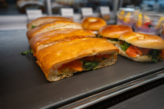 Focaccia Sandwich With Tomato And Greens Foreground Detail