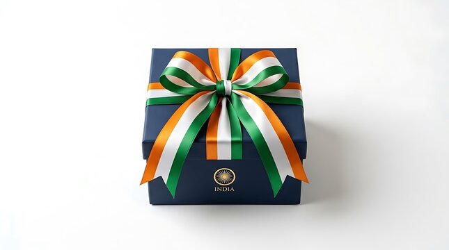 Gift box with indian flag ribbon and india logo