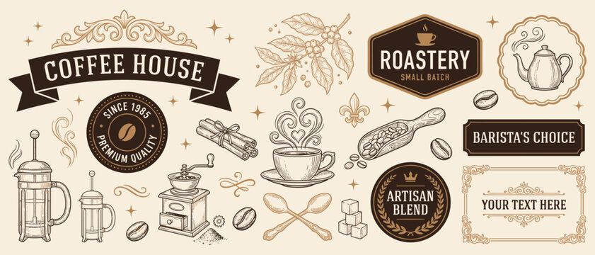 Roastery bean badge vector set with coffee cup grinder cinnamon sugar cube ribbon banner frame ornamental border barista design elements for coffee house brand logo template
