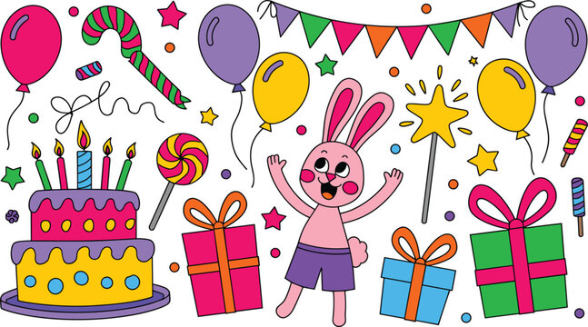 Cute cartoon birthday party celebration vector element set with rabbit cake gift box balloon and flag decoration