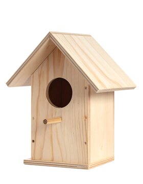 A small, light-colored wooden birdhouse with a peaked roof