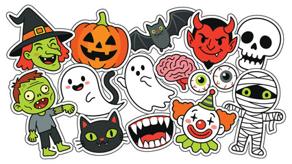 Fototapeta premium Collection of cute and spooky Halloween character stickers including a witch zombie ghosts and a pumpkin