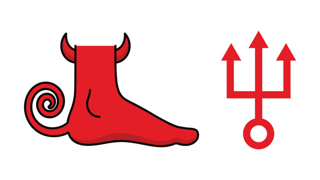 Cartoonish red devil foot with horns and tail next to a trident symbol