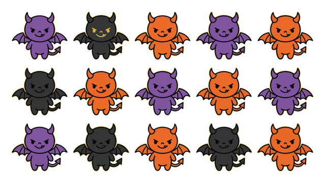 Collection of cute cartoon devil characters in orange black and purple for Halloween or fantasy themes
