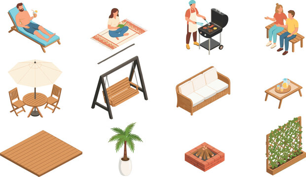 Isometric Backyard Patio Vector Icon Set with Outdoor Furniture BBQ Grilling People Relaxing and Garden Decorations for Architectural and Landscape Designs