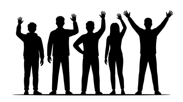 Black silhouette group of people raising hands in celebration success achievement