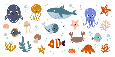 Colorful cartoon style sea creatures and coral on a white background © Rupa