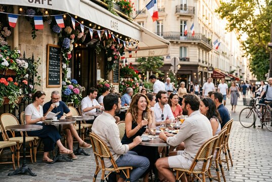 Vibrant July 14 festivities at a picturesque Paris cafe under French flags
