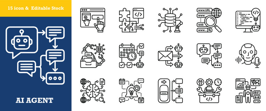Ai agent line icons set for autonomous automation workflow and chat bot assistant systems.
