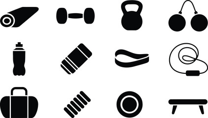 Set of black fitness and gym workout equipment icons for healthy exercise and training © Milon Store