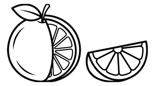 Minimalist orange fruit line art vector, black and white citrus fruit outline with slice, simple orange drawing for coloring book or logo