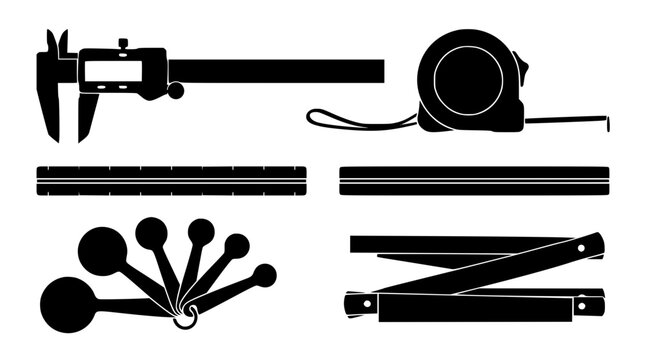 Set of measuring tools silhouettes including caliper tape measure and ruler