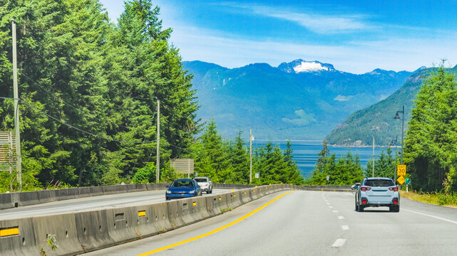 Stunning ocean and mountain views driving from Vancouver to Whistler, BC, Canada, on the Sea to Sky highway.