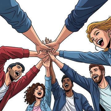 Diverse group of people stacking hands, teamwork and unity concept, illustration of friends or colleagues showing solidarity, colorful cartoon style, 6 people