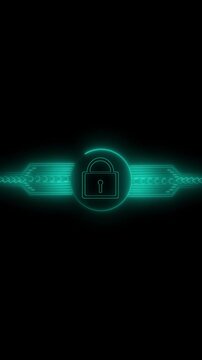 Neon cyan lock icon on abstract technology background. Cybersecurity padlock symbol for digital encryption data safety. Digital lock animation for secure server database.